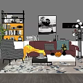 Modern Living Room Sofa and Coffee Table Set With Bookshelf Artwork Floor Lamp and Rug
