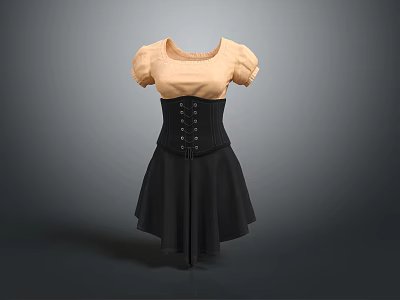 Stylish Women's Outfit With Beige Short Sleeve Top Black Corset And Black Skirt 3d model