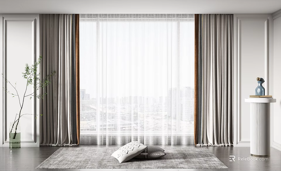 Elegant Modern Curtains With White Sheer And Gray Drapes By City View Rug And Pillows 3d model 