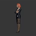 Red Haired Professional Woman In Dark Blue Suit Standing With Crossed Arms Against Gray Background