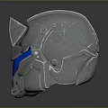 Futuristic Silver Metallic Helmet With Blue Visor And Mechanical Design Details