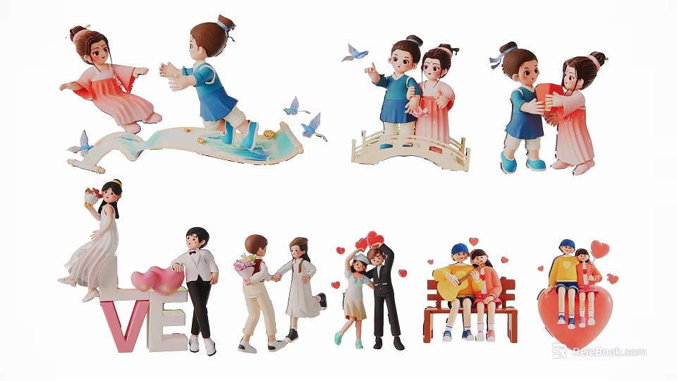 Group of People in Various Love Themed Scenes With Traditional Costumes Hearts And Butterflies 3d model
