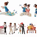Group of People in Various Love Themed Scenes With Traditional Costumes Hearts And Butterflies 3d model