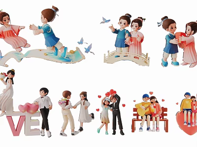 Group of People in Various Love Themed Scenes With Traditional Costumes Hearts And Butterflies 3d model