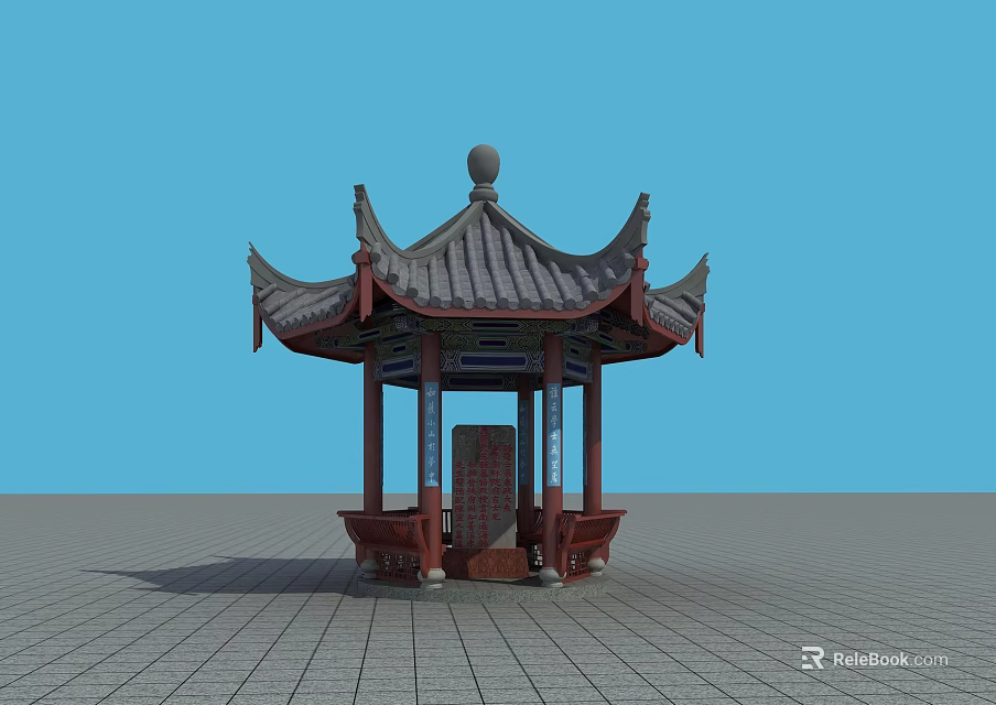 Traditional Chinese Pavilion Classical Design With Curved Eaves Tile Roof And Wooden Pillars 3d model 