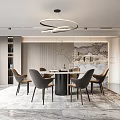 Modern Elegant Restaurant With Round Table Gray Chairs Pendant Light Marble Floor And Wall Art