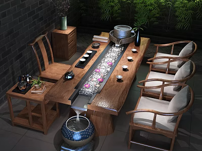 Wooden Chinese Style Tea Table And Chairs With Tea Set Green Plants And Water Feature 3d model