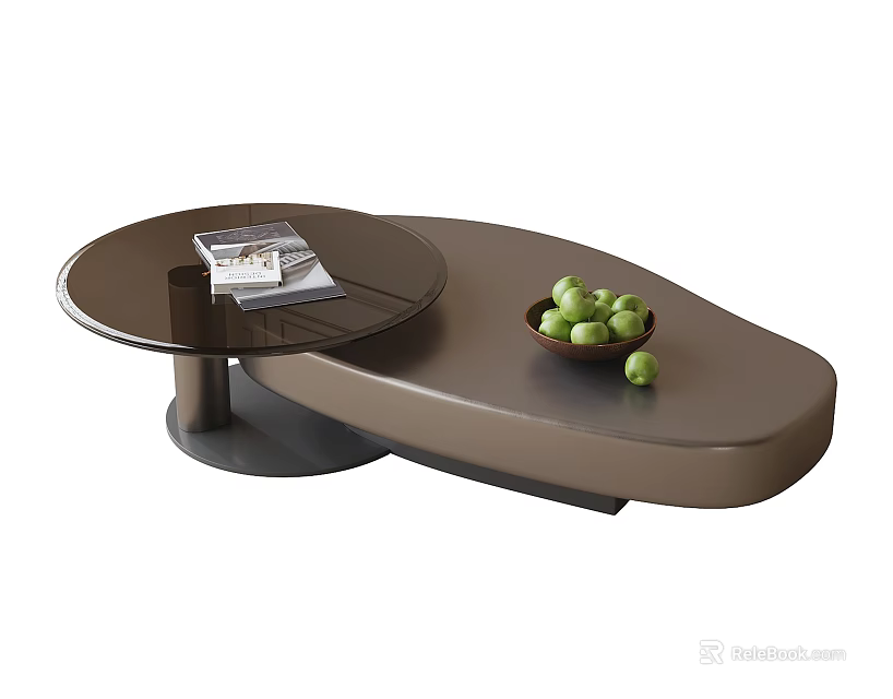 Modern Dark Irregular Coffee Table with Double Tiered Surface Magazine and Green Fruits in Bowl 3d model 