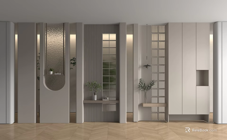 Modern Entryway Hallway Design With Glass Partition Wooden Floor Round Mirror Potted Plants Wall Lights 3d model 