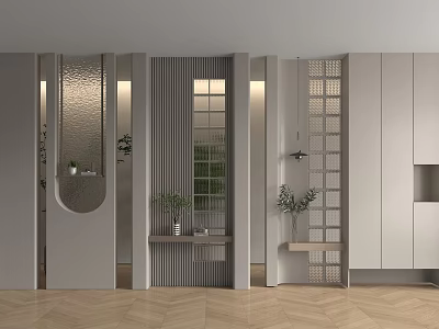 Modern Entryway Hallway Design With Glass Partition Wooden Floor Round Mirror Potted Plants Wall Lights 3d model