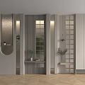 Modern Entryway Hallway Design With Glass Partition Wooden Floor Round Mirror Potted Plants Wall Lights