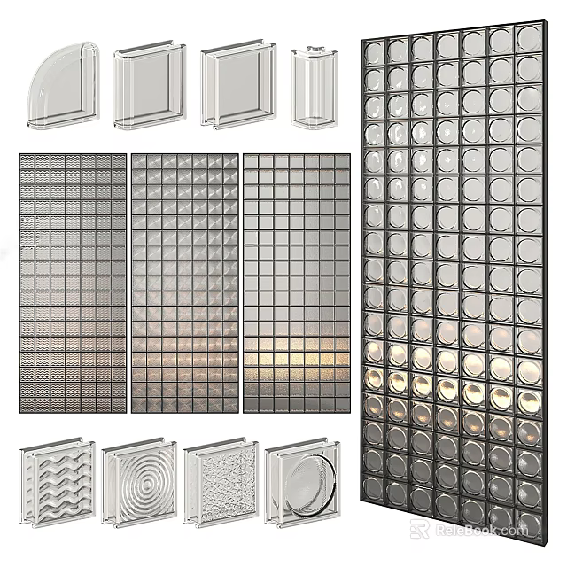 Modern Decorative Glass Wall Design With Grid Panels And Circular Textured Patterns 3d model