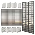 Modern Decorative Glass Wall Design With Grid Panels And Circular Textured Patterns 3d model