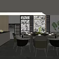 Modern Dining Area With Round Table And Comfortable Chairs Wine Rack Decorative Wall 3d model