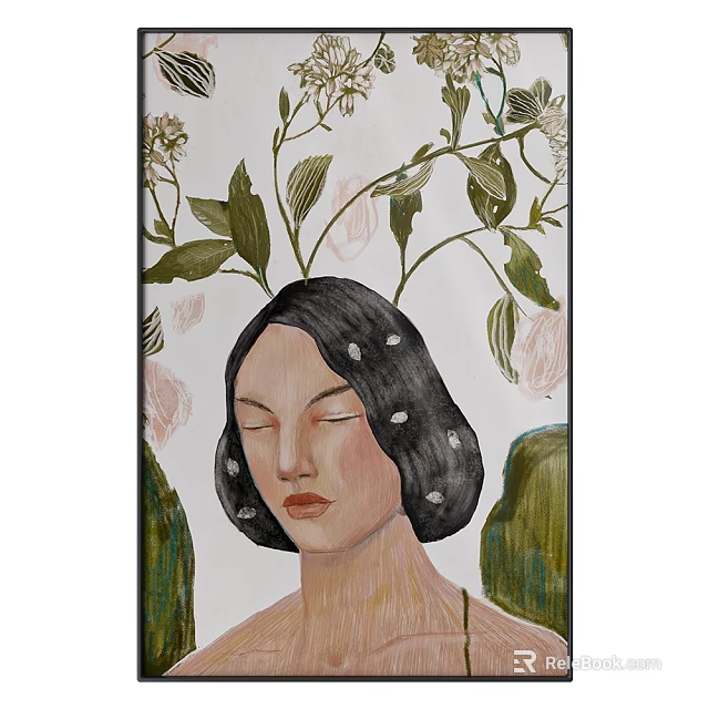 Woman Portrait Illustration With Closed Eyes Black Hair and Floral Plant Leaves 3d model 