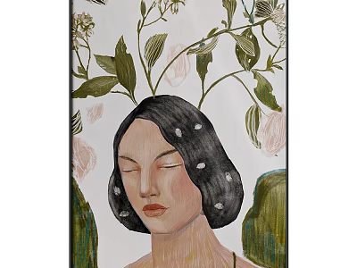 Woman Portrait Illustration With Closed Eyes Black Hair and Floral Plant Leaves 3d model
