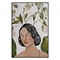 Woman Portrait Illustration With Closed Eyes Black Hair and Floral Plant Leaves