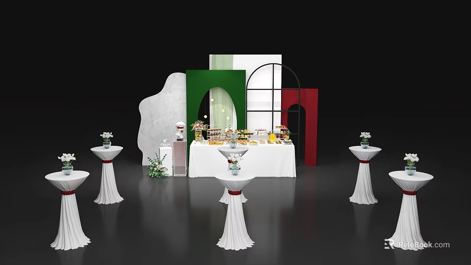 Elegant Coffee Break Area With White Tablecloth Food Display And Geometric Wall Design 3d model 