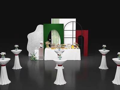 Elegant Coffee Break Area With White Tablecloth Food Display And Geometric Wall Design 3d model