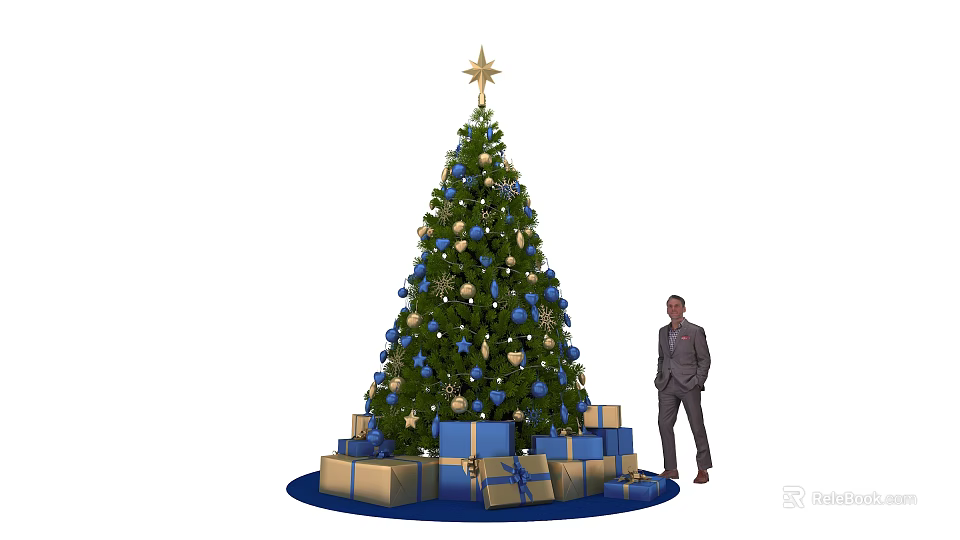 Festive Christmas Tree With Star Blue Gold Ornaments Gift Boxes And Man In Suit 3d model 