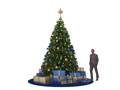 Festive Christmas Tree With Star Blue Gold Ornaments Gift Boxes And Man In Suit 3d model