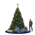 Festive Christmas Tree With Star Blue Gold Ornaments Gift Boxes And Man In Suit