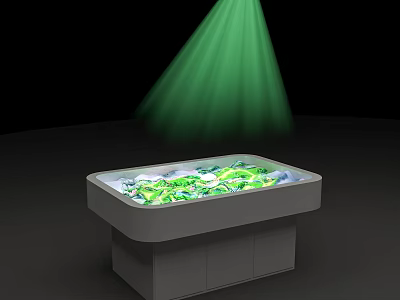 Commercial Showcase Equipment With Green Lighting And Green Items On Gray Platform And Lower Cabinets 3d model