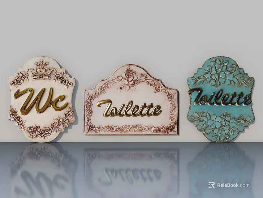 Vintage Swing Door Featuring Floral Patterns WC Toilette Signs and Colorful Accents 3d model 