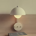 Modern White Wall Lamp with Dome Shade Round Base and Warm Light on Wooden Wall