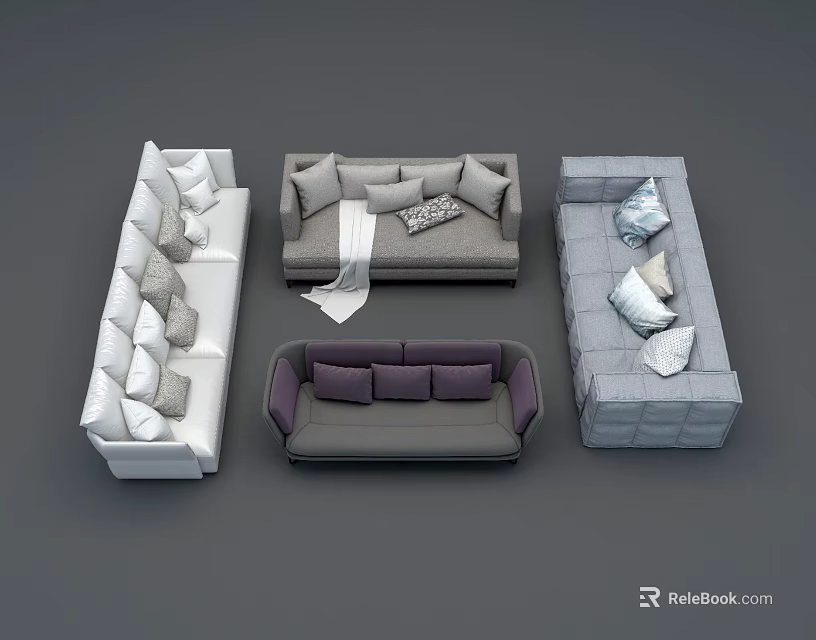 Modern Sectional Sofa Set With Gray White Purple Seats And Decorative Pillows 3d model 