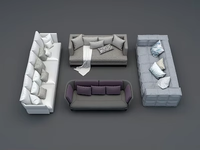 Modern Sectional Sofa Set With Gray White Purple Seats And Decorative Pillows 3d model