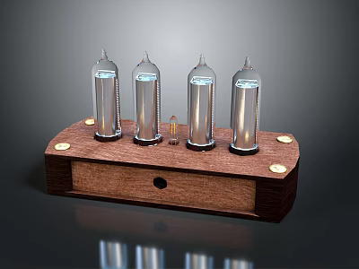 Retro Style Household Decorative Item With Four Silver Vacuum Tubes On Wooden Base 3d model