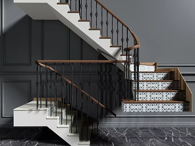 Modern Curved Staircase With Wooden And Metal Railings Patterned Tile Steps Dark Paneled Walls 3d model