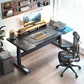 Modern Office Desk Workspace Setup With Monitor Stand Keyboard Laptop Ergonomic Chair And Plant