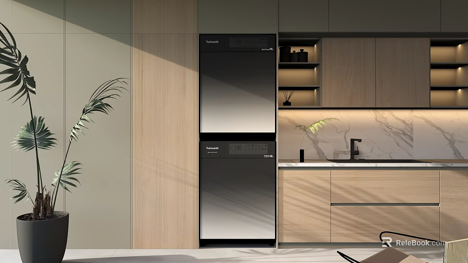 Modern Kitchen Interior With Black Double Door Refrigerator Wooden Cabinets And Marble Countertop 3d model 