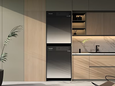 Modern Kitchen Interior With Black Double Door Refrigerator Wooden Cabinets And Marble Countertop 3d model