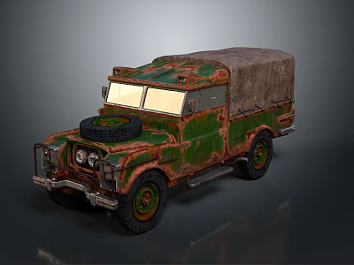 Vintage Military Weapon Transport Truck With Camouflage Paint Canvas Cover And Old Tires 3d model
