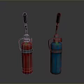 Red and Blue Safety Fire Extinguishers Standing Side by Side on Dark Surface