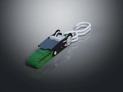 Green Braided Rope Securing Device With Black Metal Components and White Hooks 3d model