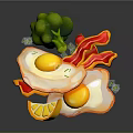 Colorful Cartoon Scene of Fried Eggs with Bacon Broccoli and Lemon Slices