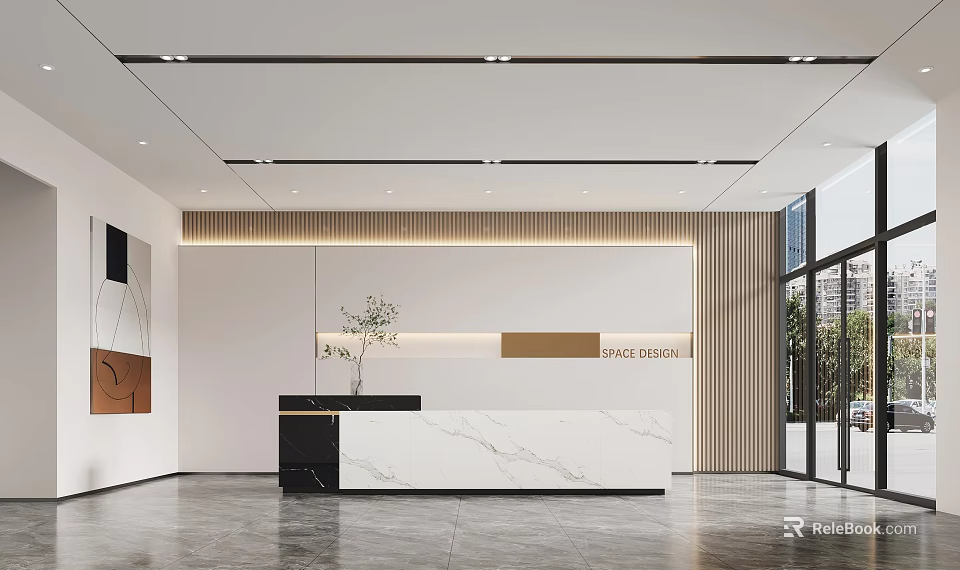 Modern Front Desk Reception Interior Design With Marble Top And Wooden Accent Wall 3d model 