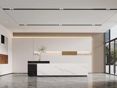 Modern Front Desk Reception Interior Design With Marble Top And Wooden Accent Wall 3d model