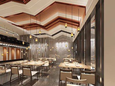 Modern Restaurant Interior with Wooden Ceiling Hanging Pendant Lights and Arranged Dining Tables Chairs 3d model