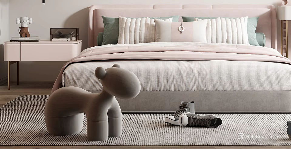Kids Bed with Pink Headboard Green White Pillows and Gray Animal Stool Sneakers on Carpet 3d model 