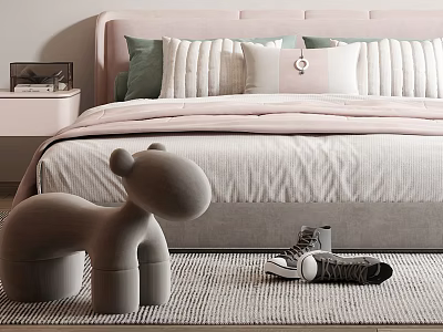 Kids Bed with Pink Headboard Green White Pillows and Gray Animal Stool Sneakers on Carpet 3d model
