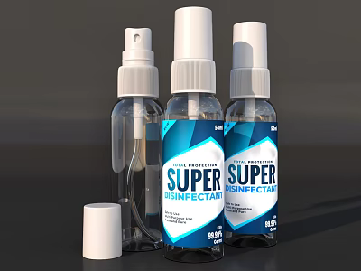 Super Disinfectant Spray Bottles With Transparent Body Different Nozzles And Blue Labels 3d model