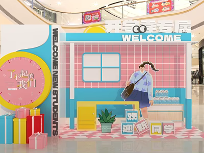 Welcome New Students Mall Display With Cartoon Character And Gift Boxes 3d model