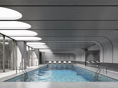 Modern Indoor Swimming Pool Design With White Circular Ceiling Lights Glass Walls And Metal Handrails 3d model