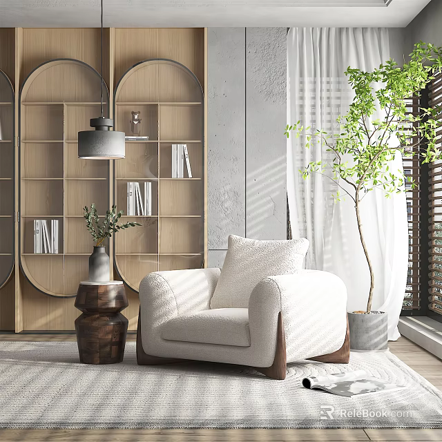 Modern Single Sofa with Wooden Bookshelf Side Table and Green Plant Near Window 3d model 