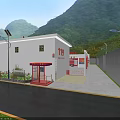 Industrial Factory With Red And White Exterior In Mountainous Green Landscape